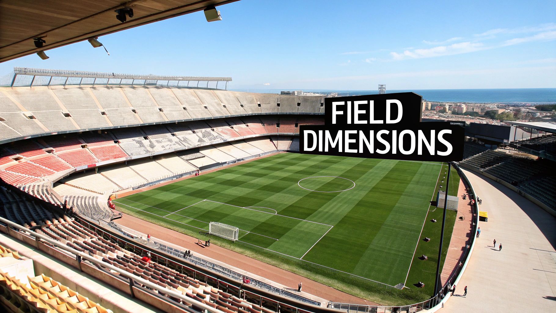 Aerial view of a large, empty soccer stadium with a green field, tiered seating, and "FIELD DIMENSIONS" text.
