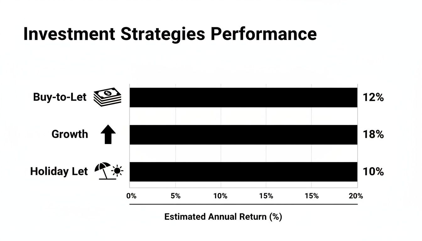 Bar chart displaying investment strategies performance: Buy-to-Let (12%), Growth (18%), Holiday Let (10%).