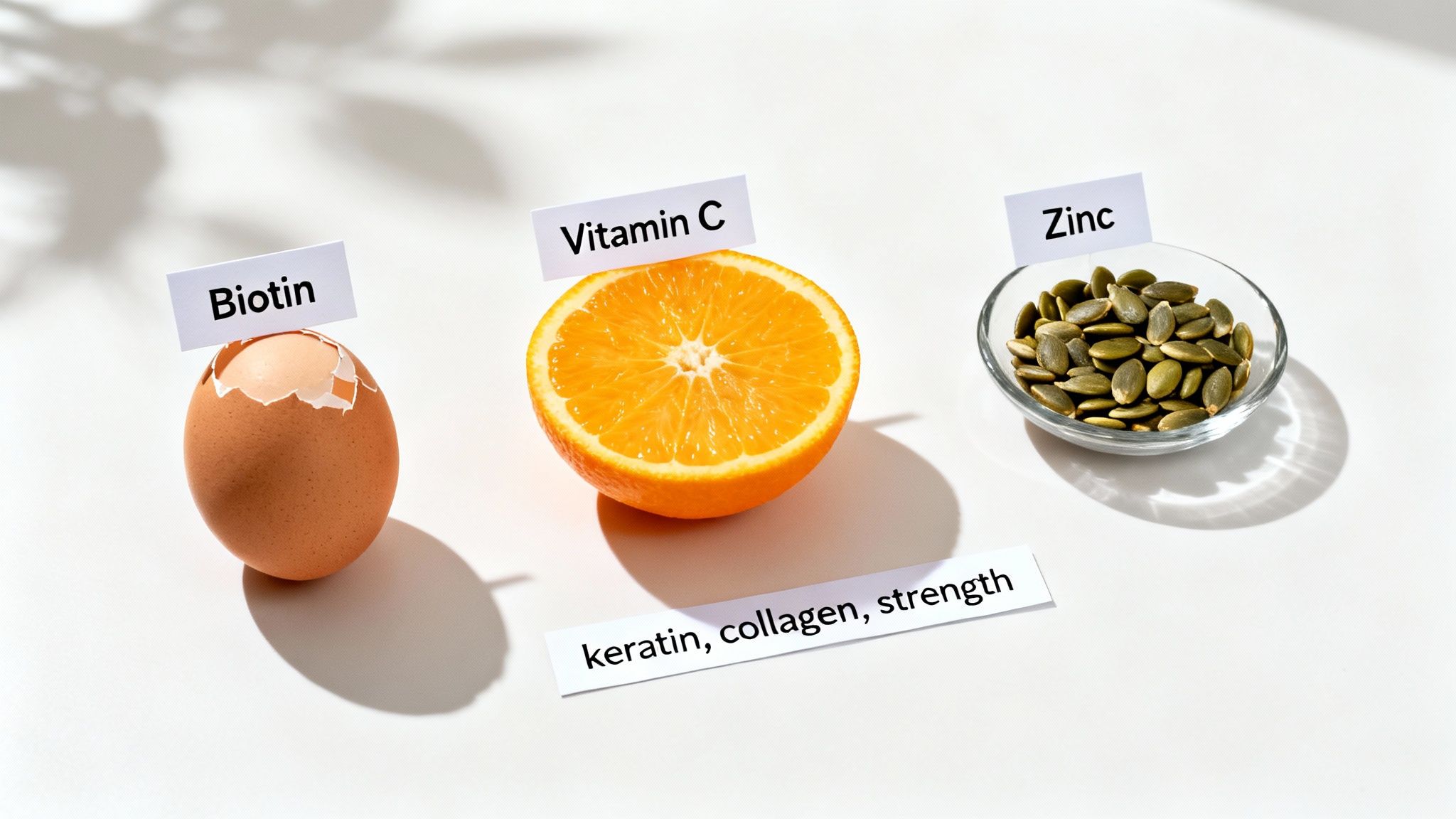 An egg with a Biotin label, half an orange with a Vitamin C label, and pumpkin seeds with a Zinc label on a white surface, accompanied by the text 'keratin, collagen, strength'.