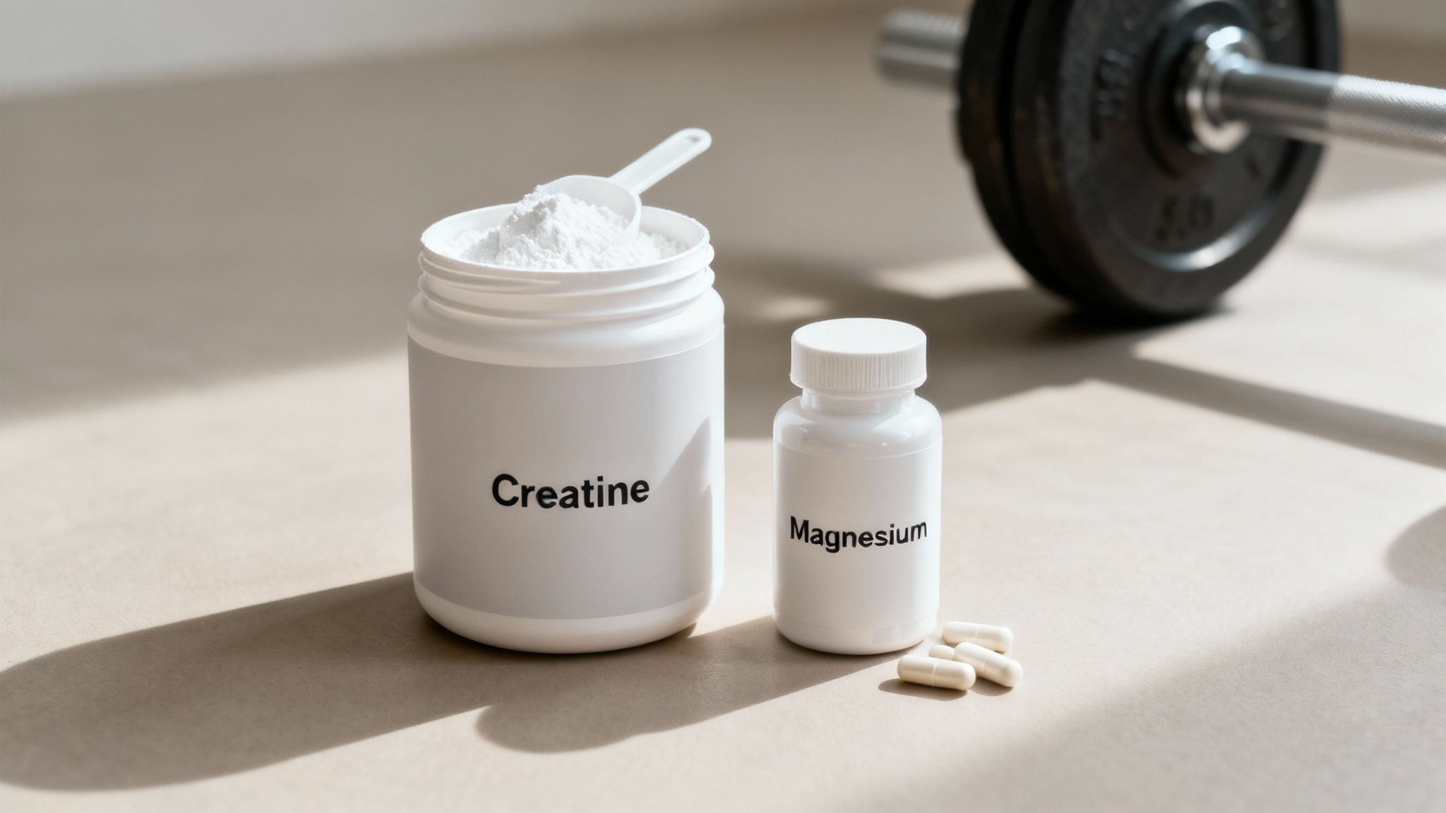 Creatine and magnesium supplements on a wooden table