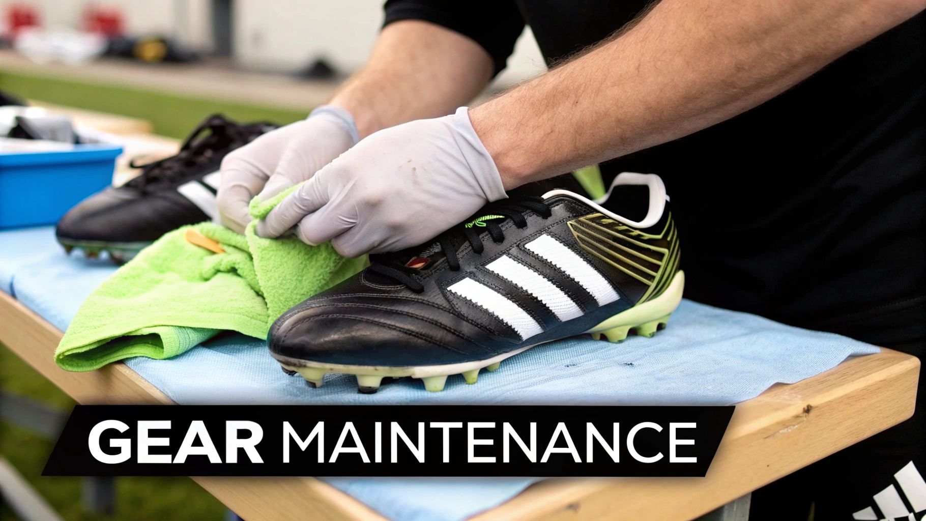 A person wearing white gloves is cleaning a black Adidas football boot with a green towel.