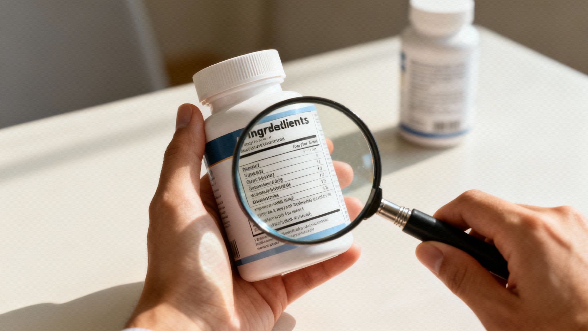 A person uses a magnifying glass to carefully read the ingredients label on a white supplement bottle.