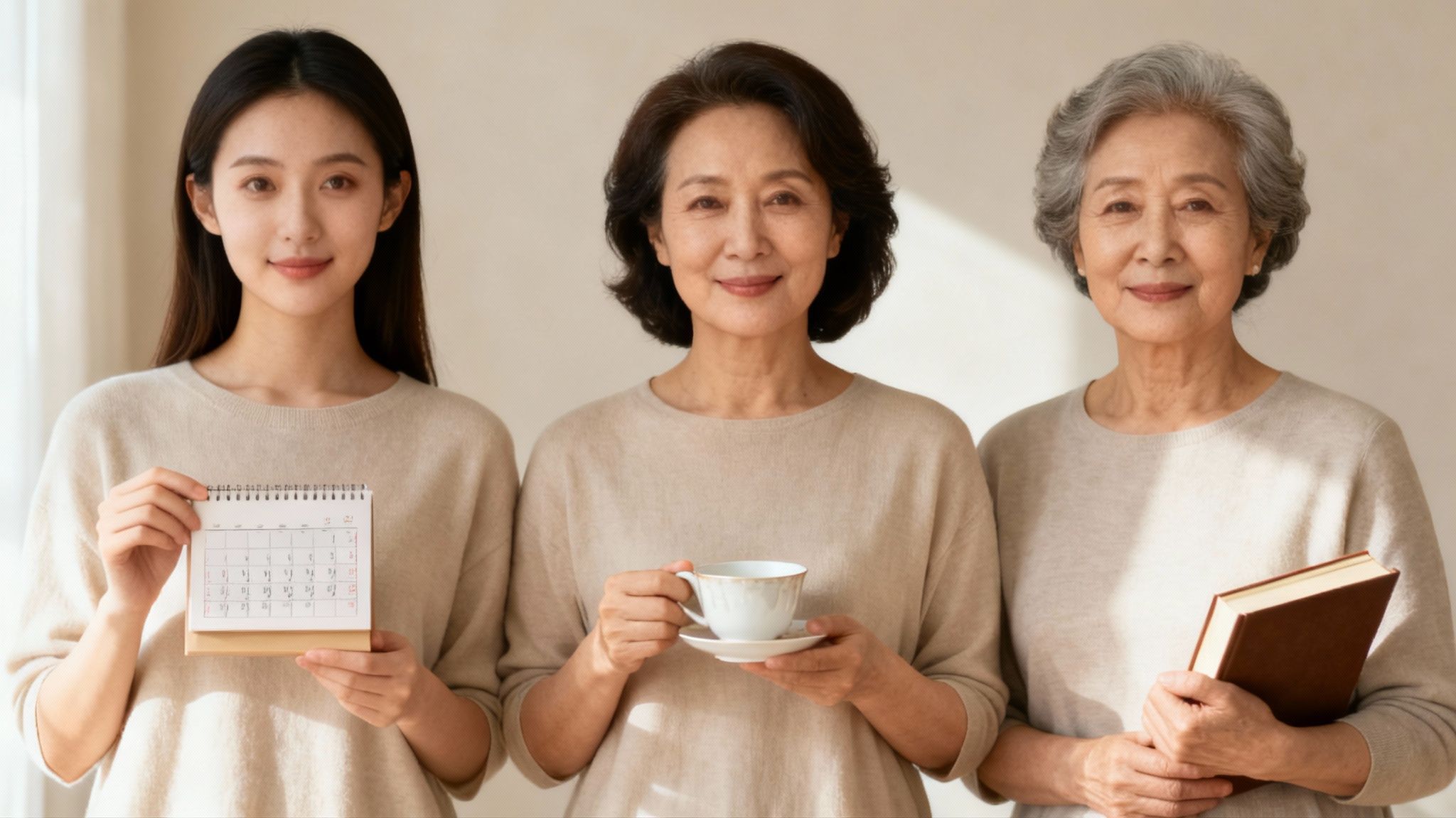 Three smiling Asian women of different generations, holding a calendar, teacup, and book, symbolize life stages.