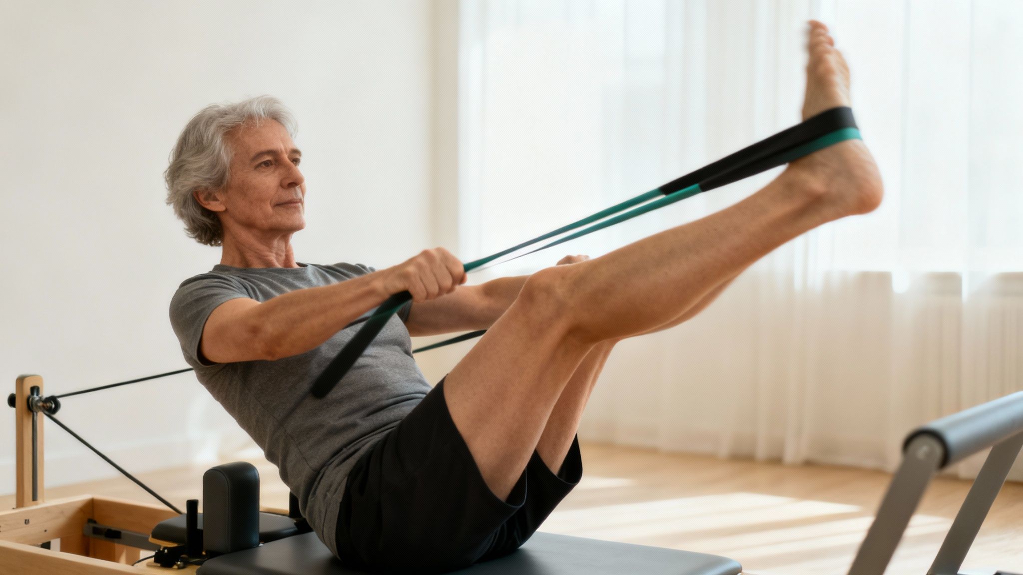 Focused senior man exercising on a pilates reformer with a resistance band for leg strength.