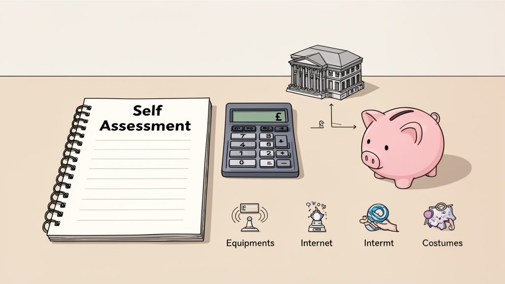 An illustration showing self-assessment tax calculation with a notebook, calculator, piggy bank, and various expense icons.