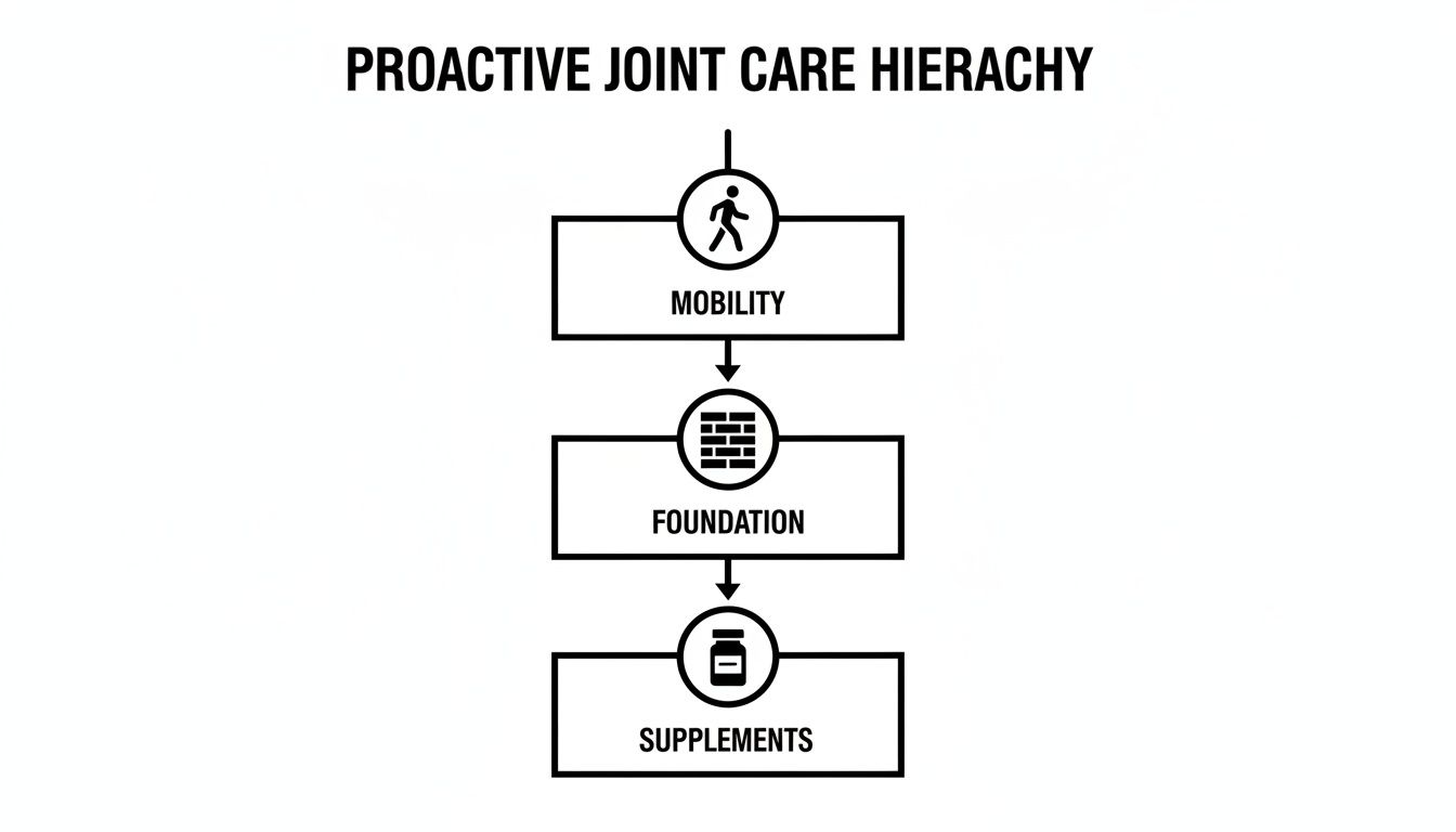 A hierarchical diagram outlining proactive joint care steps: mobility, followed by foundation, then supplements.