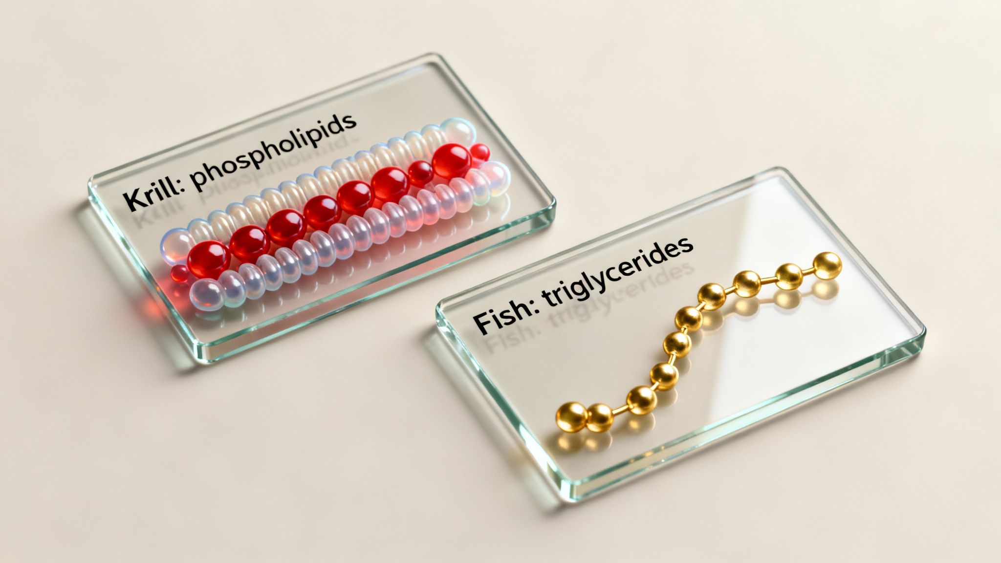 Two glass plates show molecular models: krill phospholipids (red and clear beads) and fish triglycerides (gold chain).