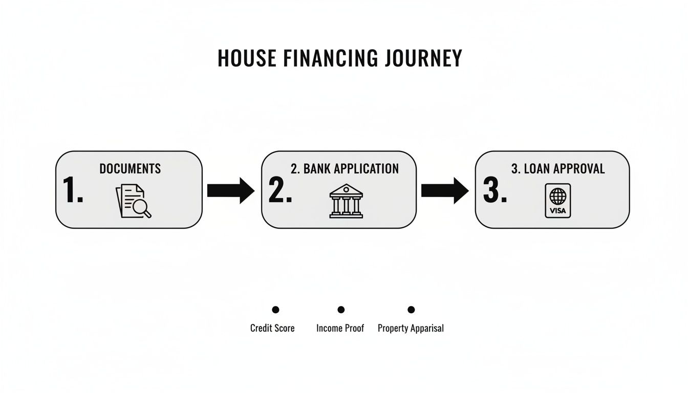 A diagram illustrating the three-step house financing journey: documents, bank application, and loan approval.