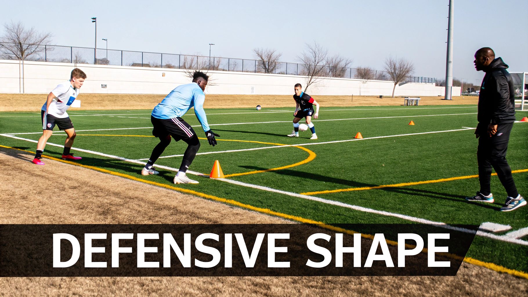 Soccer players and a coach practice defensive shape drills on a sunny artificial turf field.