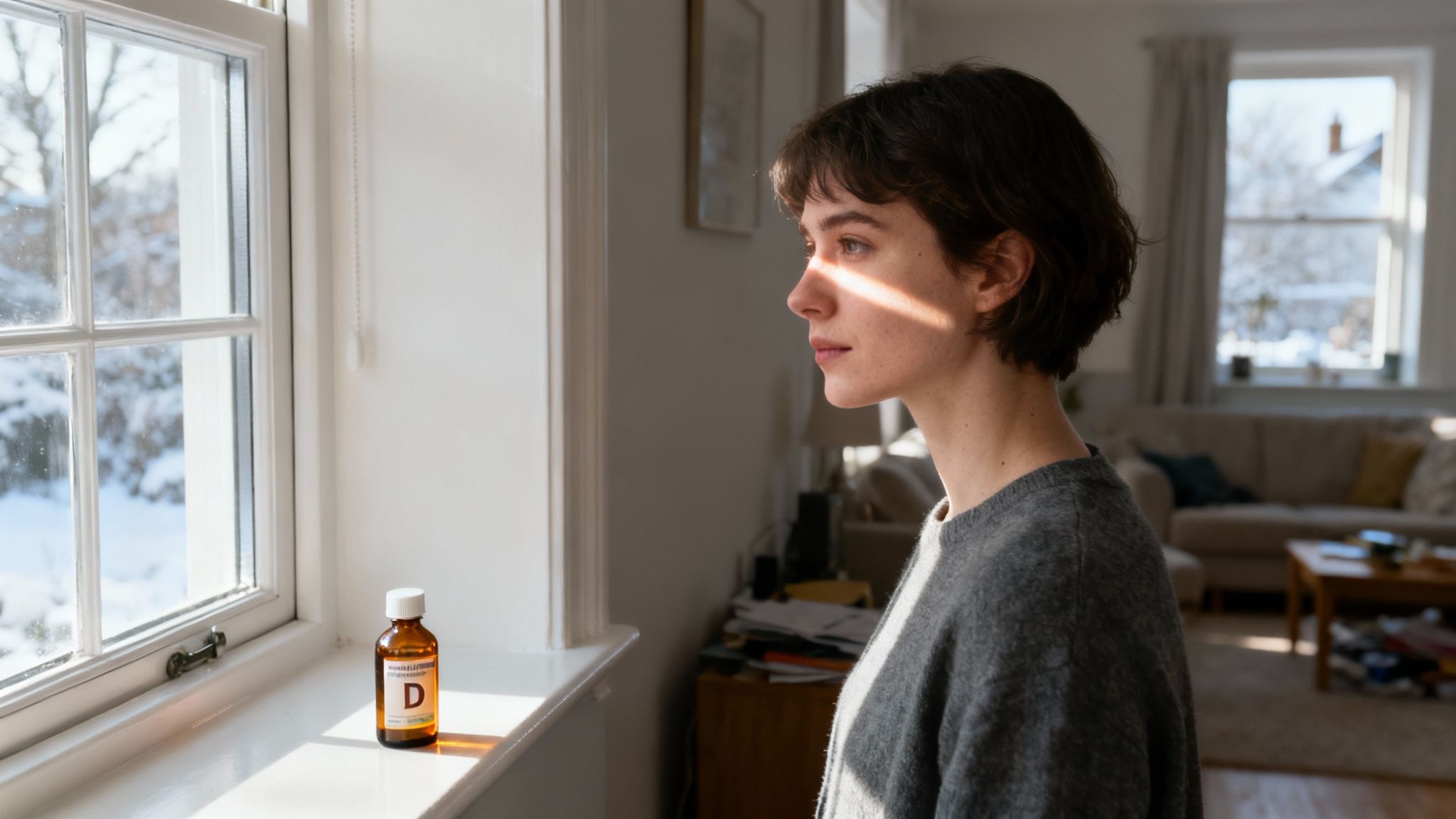 Woman looking out window with vitamin D supplement bottle on windowsill in winter