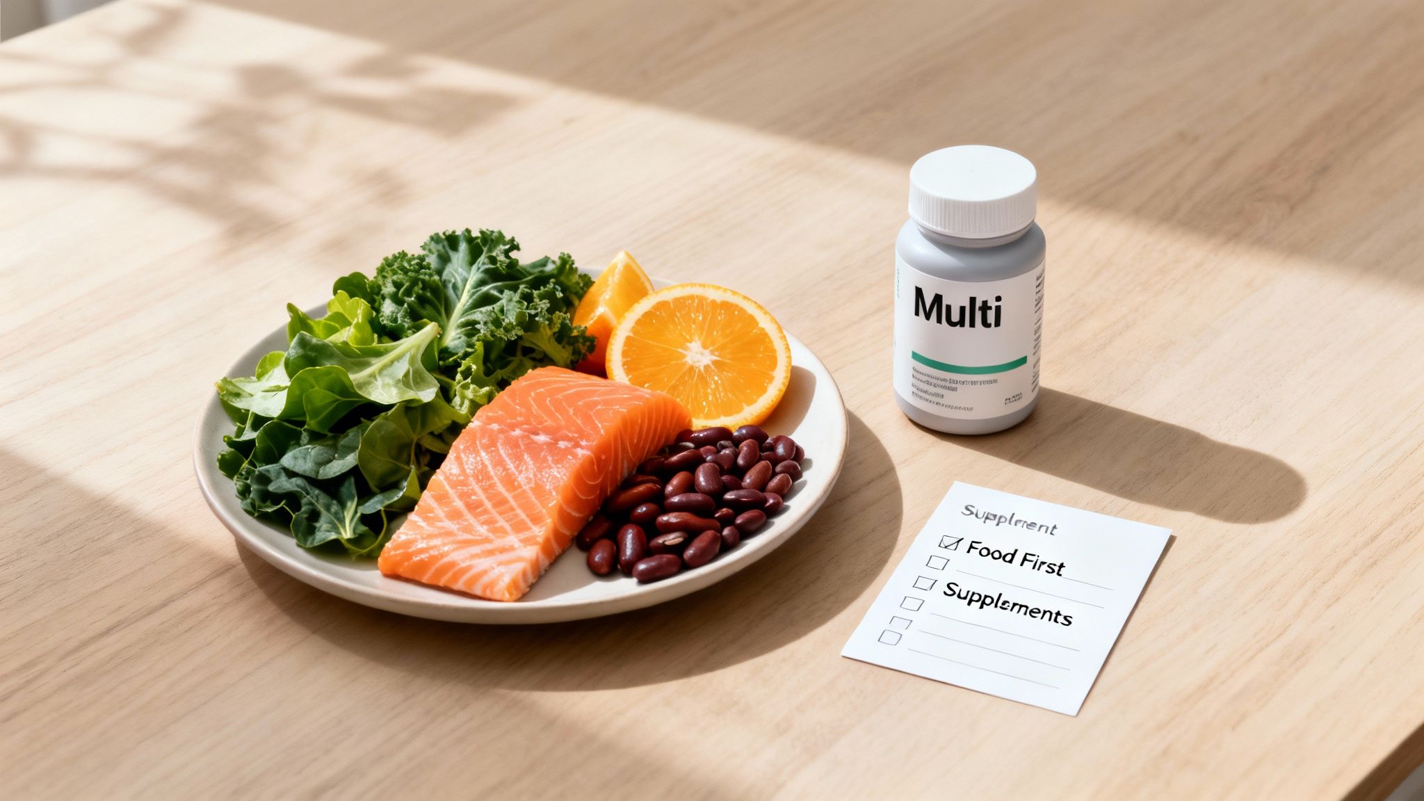 A balanced meal with salmon, greens, beans, and orange slices next to a multi-vitamin bottle and a 'Food First' checklist.