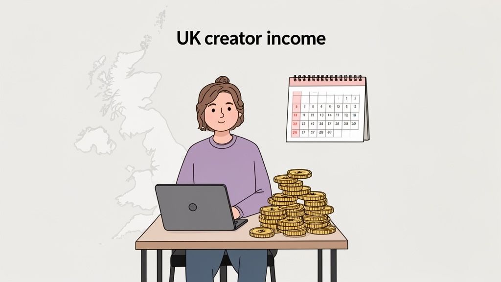 Illustration of a person earning income as a digital creator in the UK, with laptop and coins.
