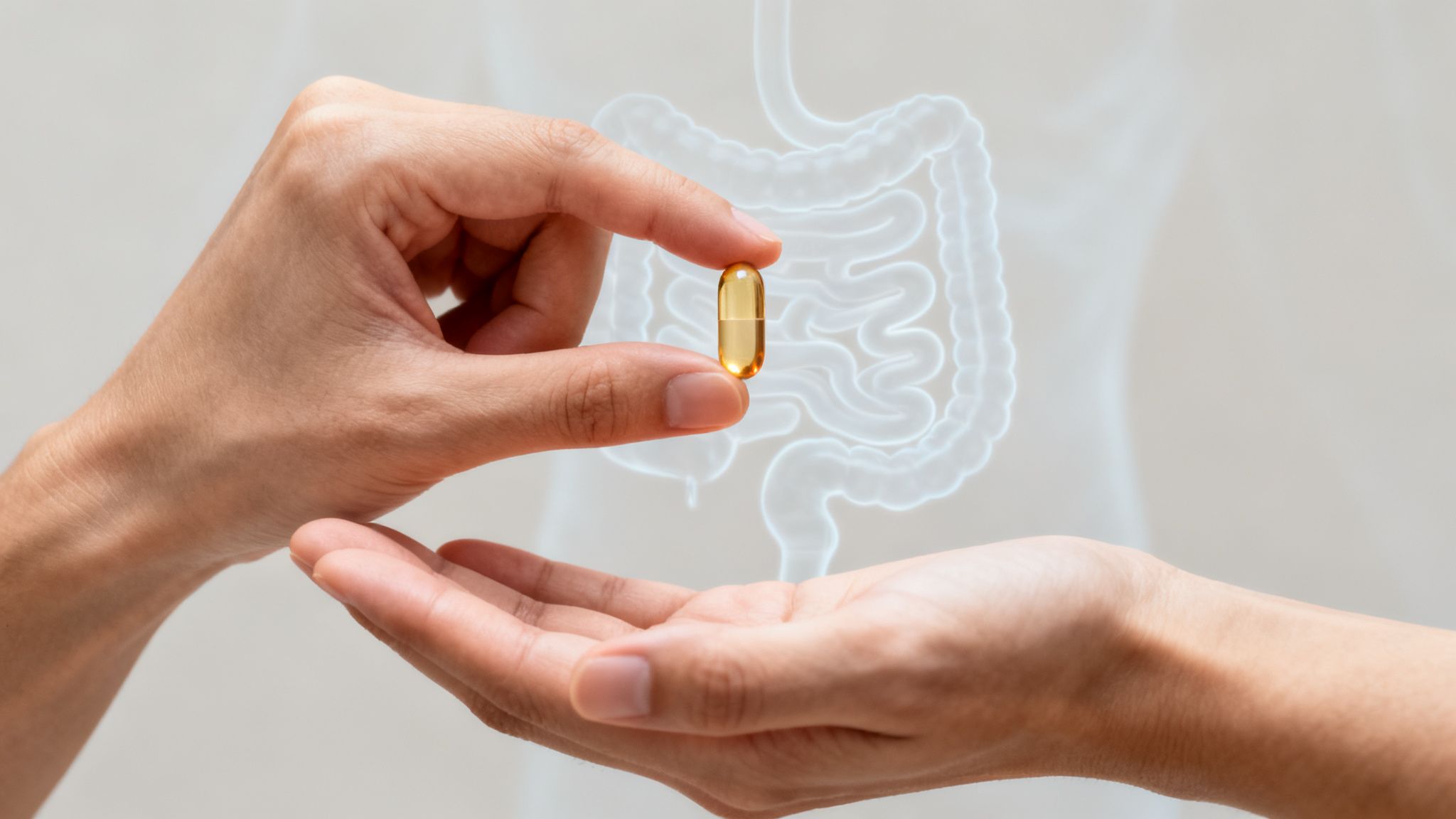 Close-up of hands holding a golden vitamin capsule with a glowing digestive system in the background.