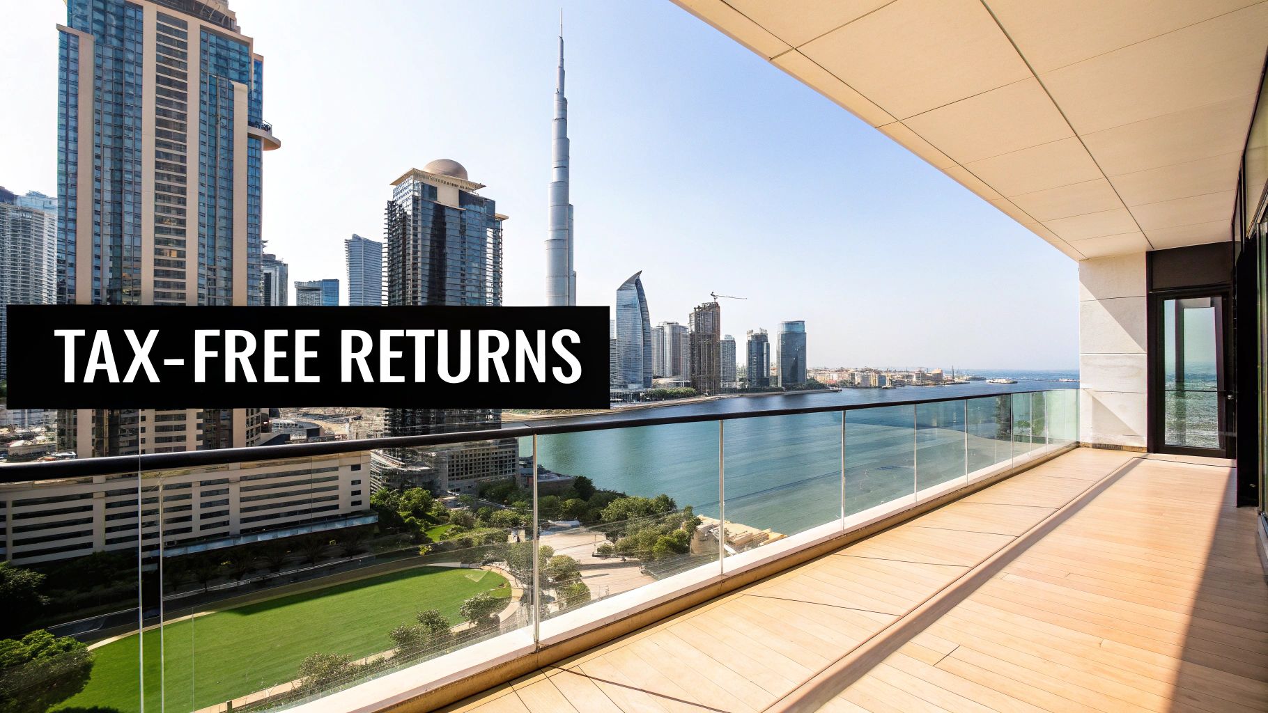 Modern balcony with panoramic Dubai skyline and Burj Khalifa view, featuring 'TAX-FREE RETURNS' text.
