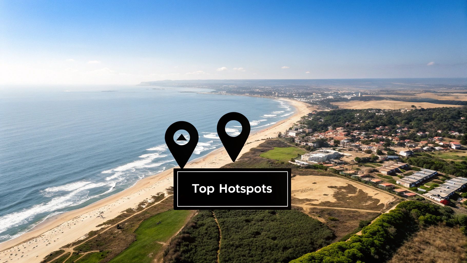 Aerial view of a sunny beach, ocean, and coastal town with two map pins highlighting "Top Hotspots".