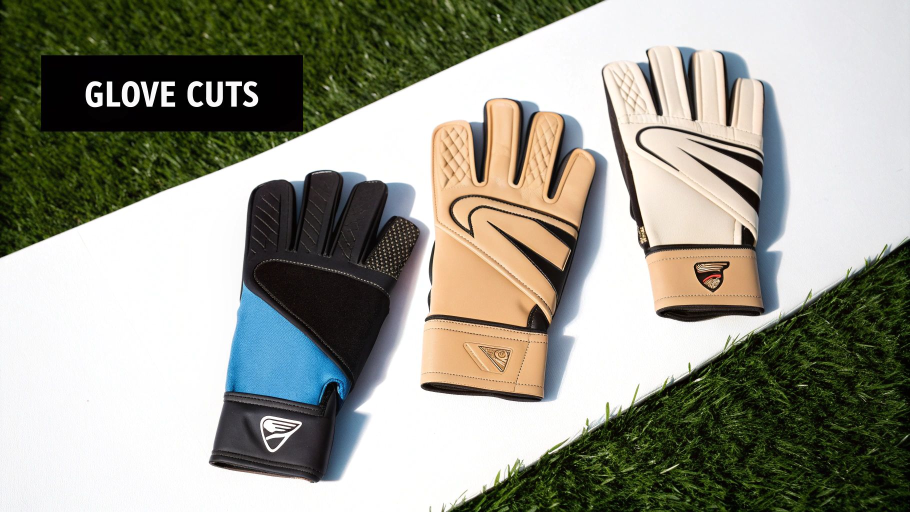 Three distinct goalkeeper gloves, showcasing various cuts and designs, on a white surface with grass.