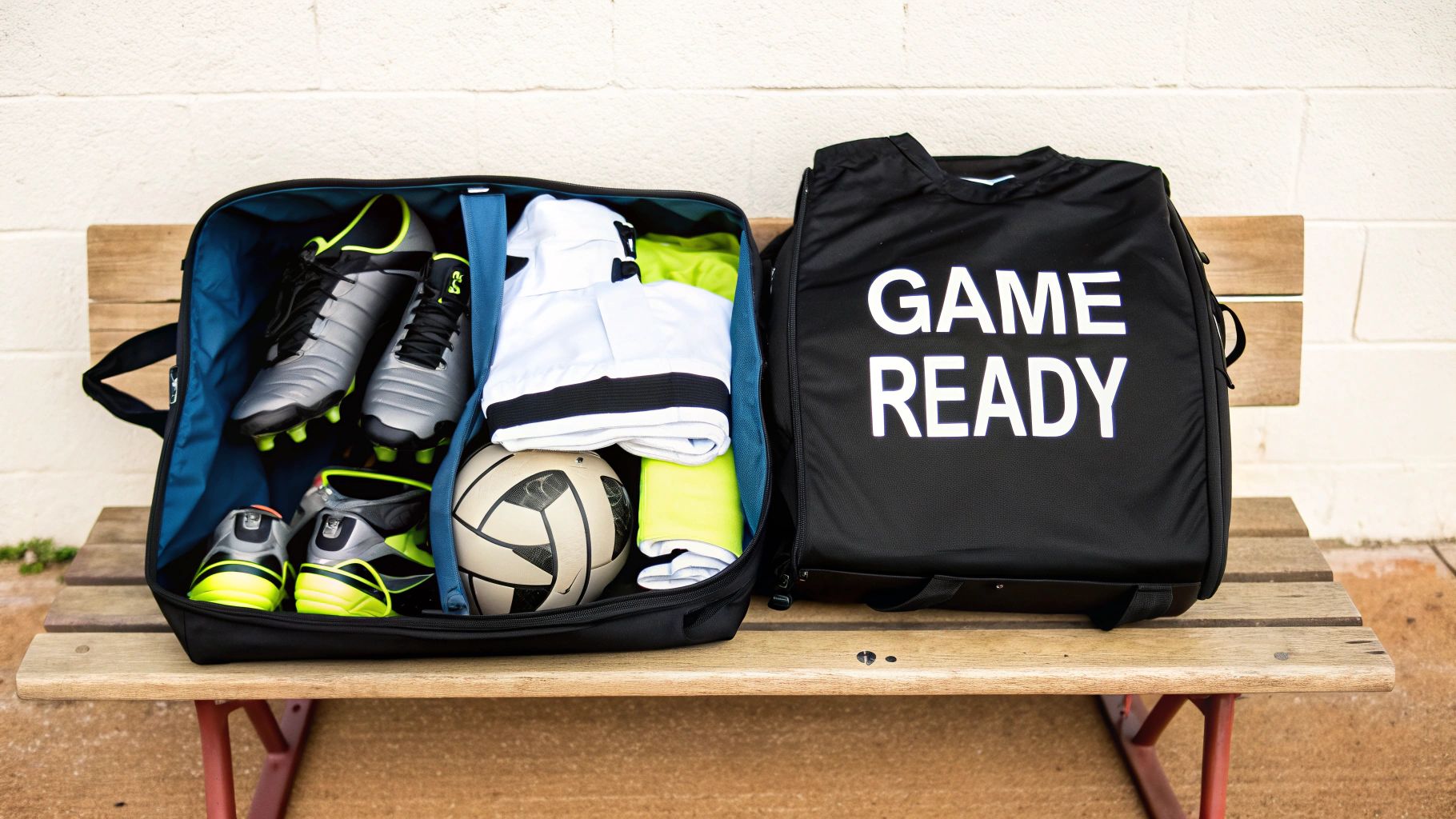 An open sports bag with soccer cleats, a ball, and clothes next to a closed 'GAME READY' bag on a bench.