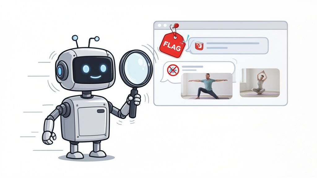 A robot with a magnifying glass moderates online chat content with flagged messages and yoga images.