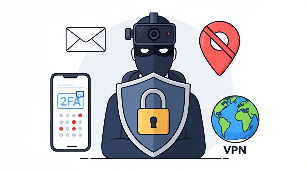 Illustration of a masked hacker with a webcam, shield, and icons representing email, 2FA, blocked location, and VPN.