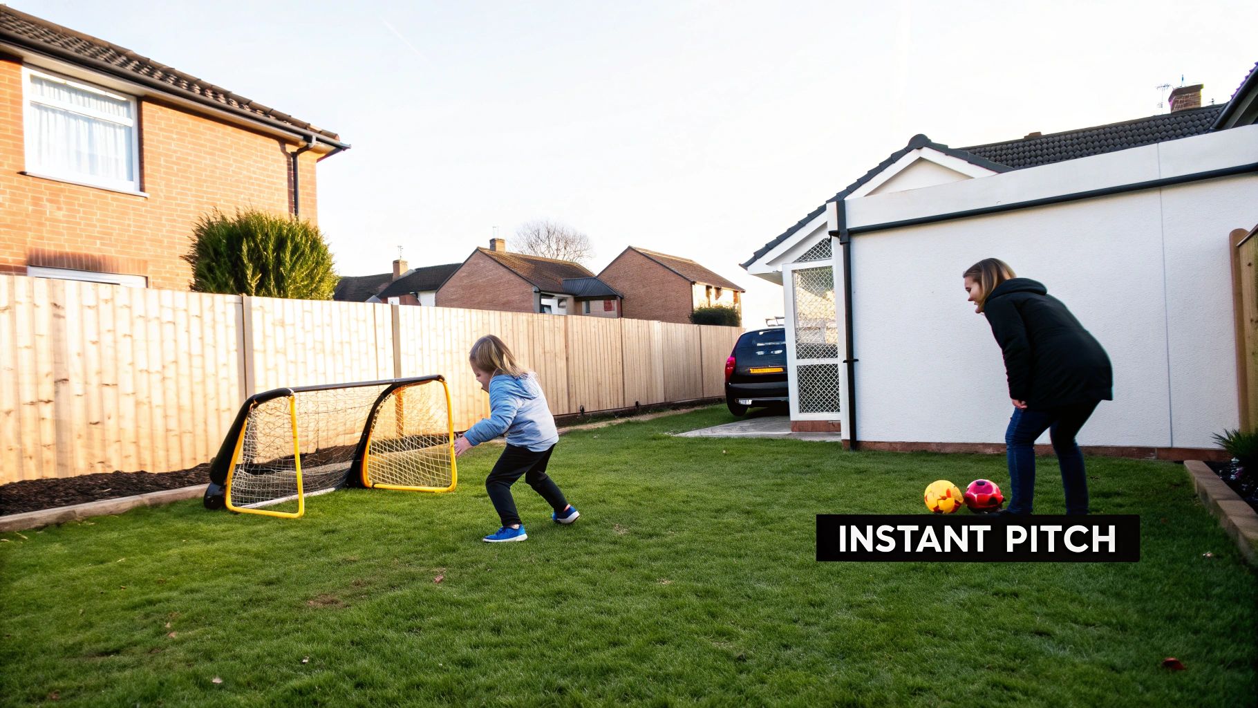 A child and adult enjoy playing soccer in a backyard with a yellow pop-up goal.