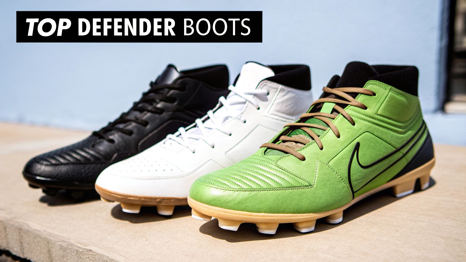Three pairs of 'Top Defender Boots' in black, white, and green, displayed with cleats.