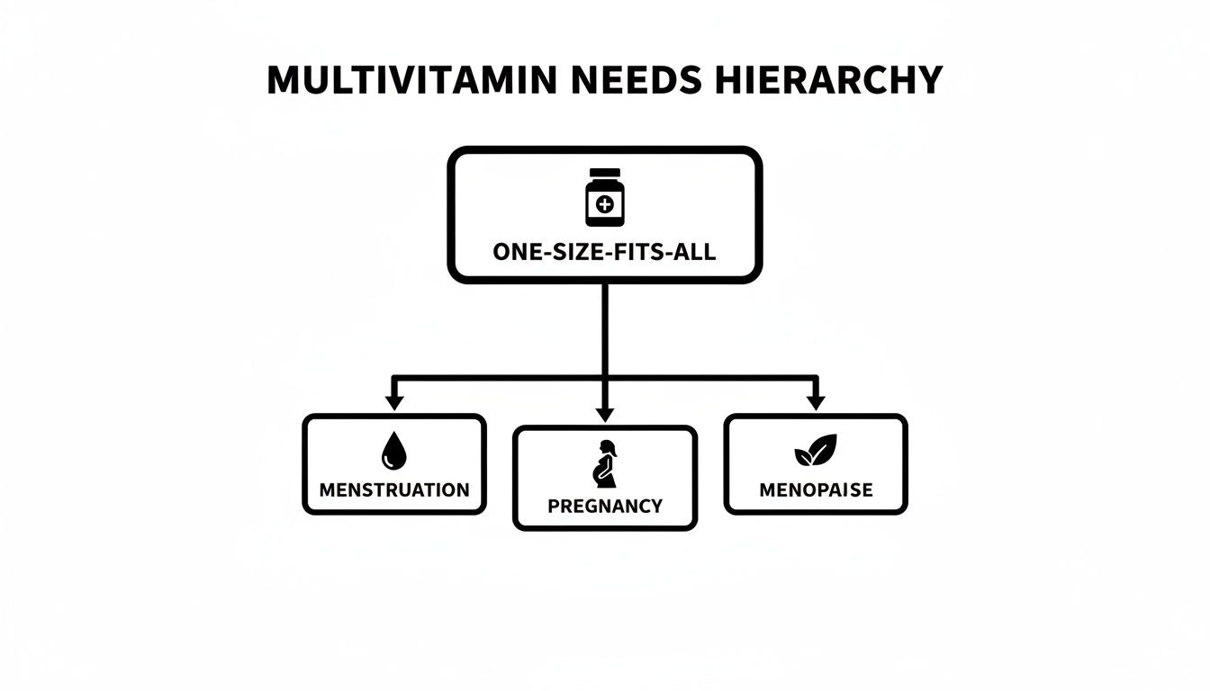 Hierarchy of multivitamin needs for women's life stages: menstruation, pregnancy, menopause.