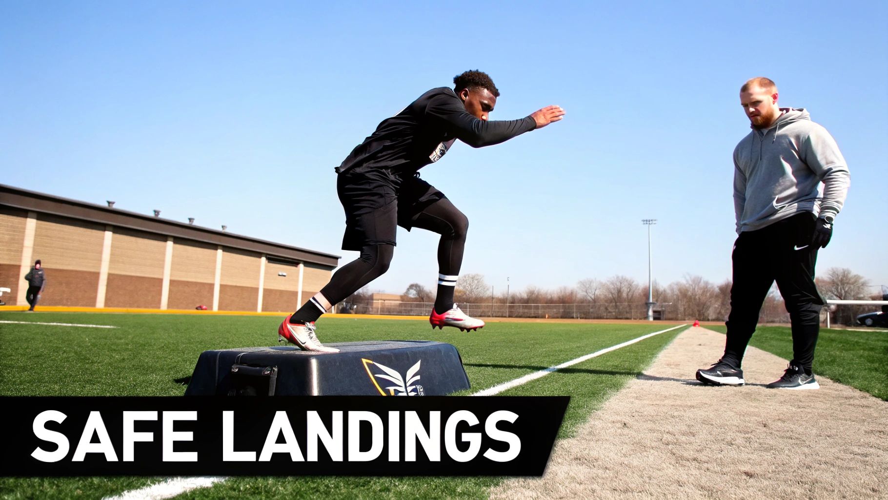 A female football player jumps over a series of small hurdles, demonstrating plyometric training on a green pitch.
