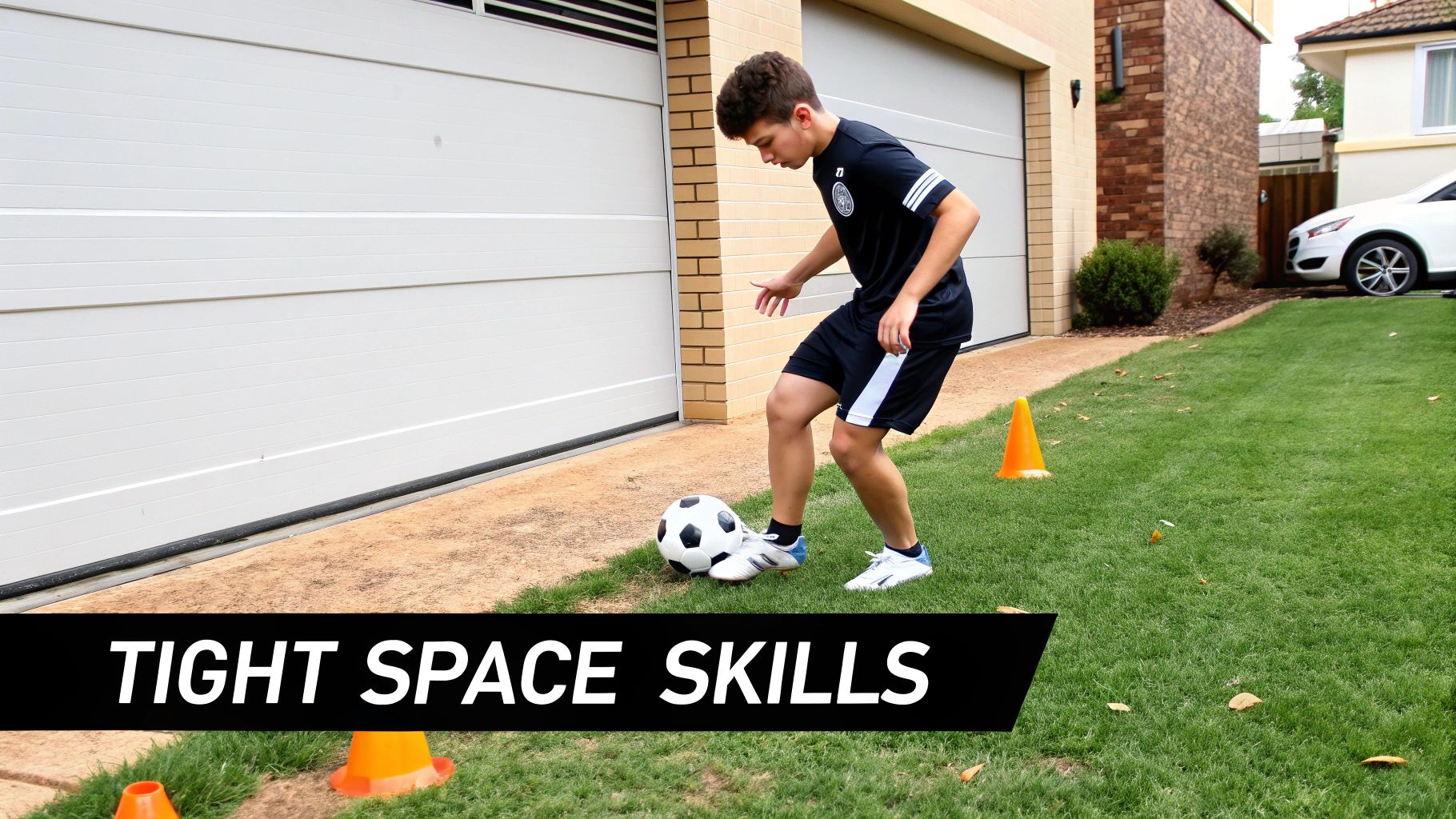 A young boy practices football drills with a soccer ball and cones on a grassy lawn.