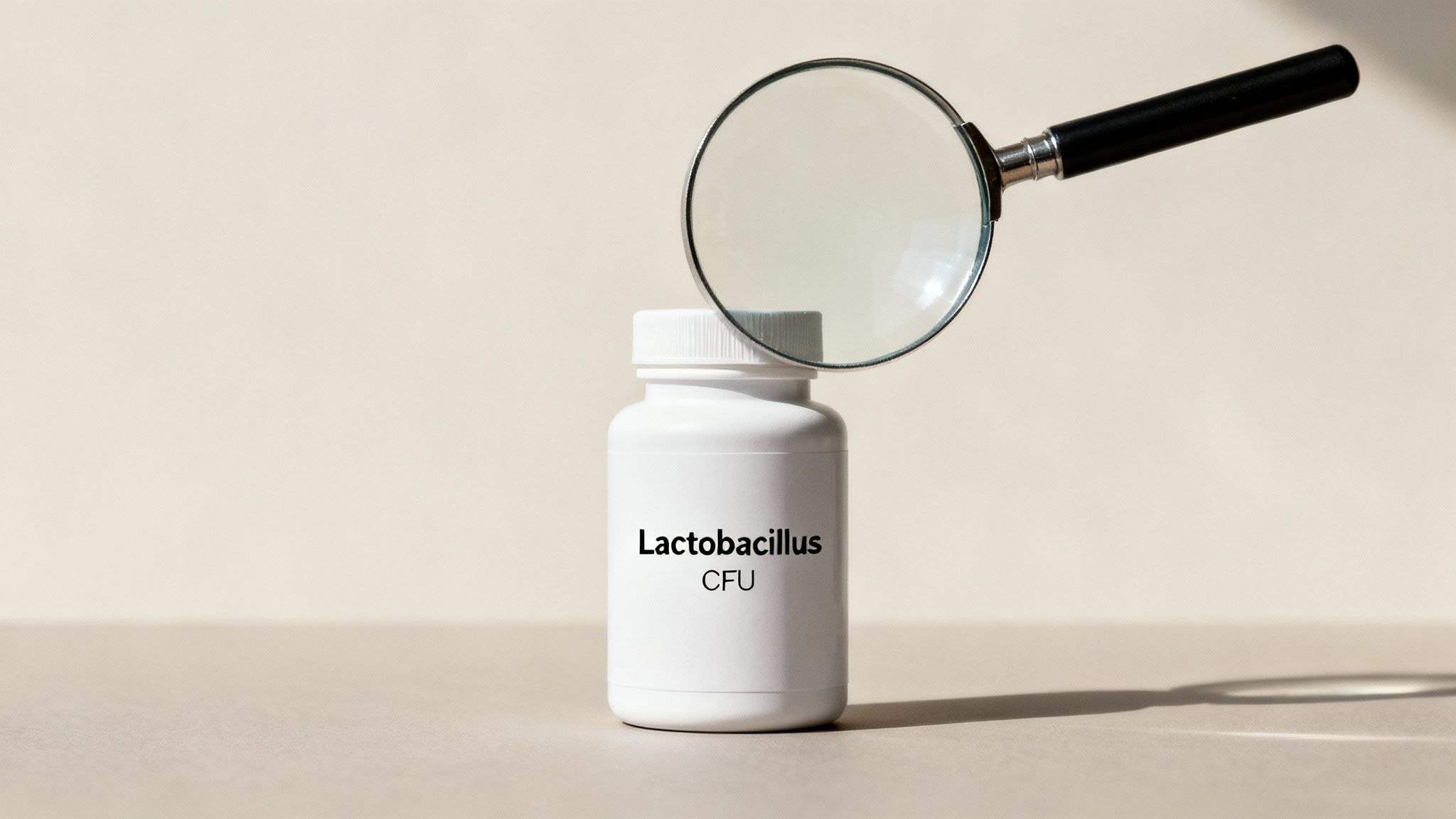A white bottle labeled 'Lactobacillus CFU' with a magnifying glass above it, highlighting probiotic supplements.