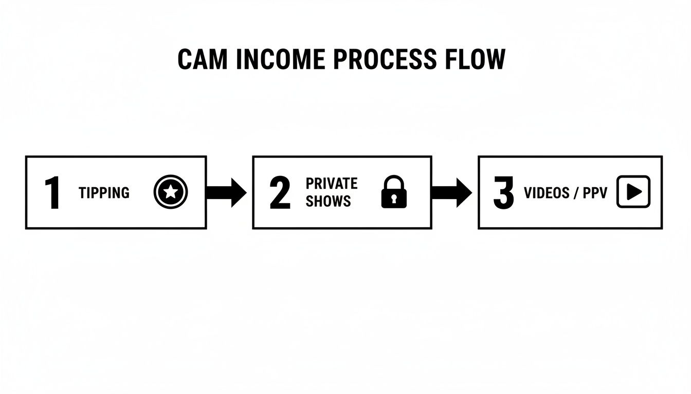 Flowchart showing cam model income process: tipping, private shows, and videos/PPV.