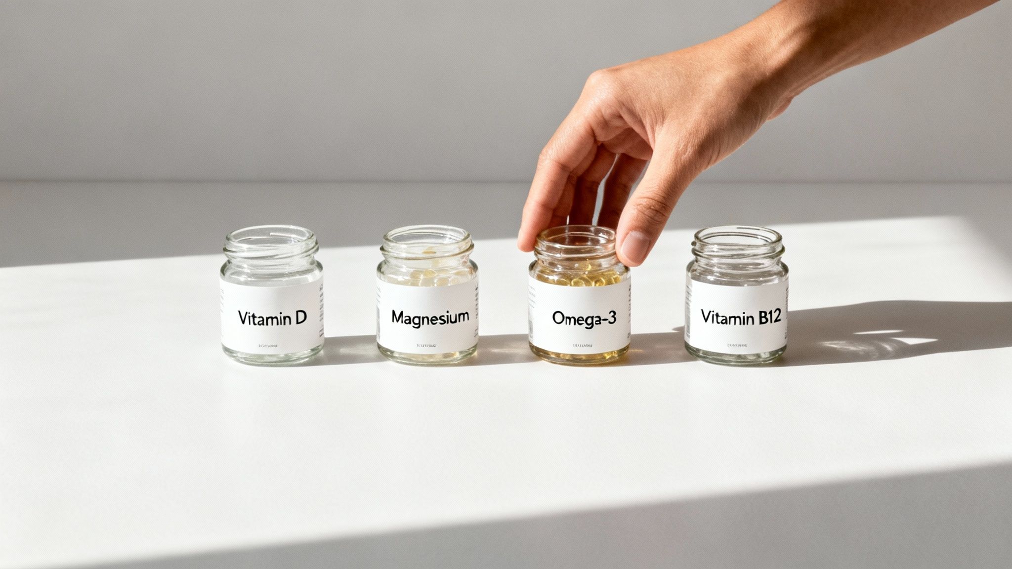 A hand selects an Omega-3 supplement bottle from a row of vitamin jars on a white surface.