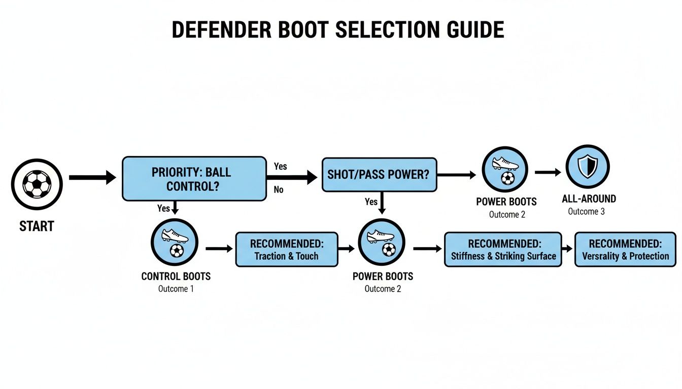 Flowchart diagram guiding defenders in selecting boots based on ball control priority and shot/pass power.
