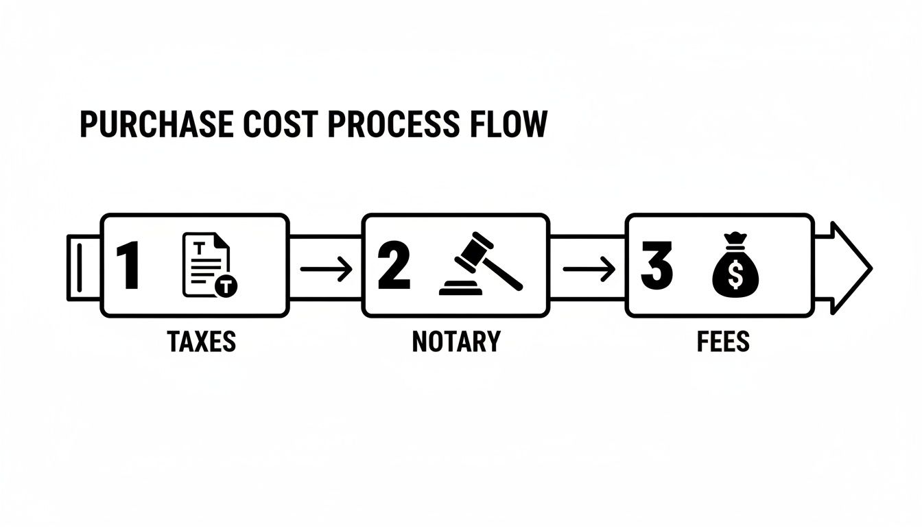 Flowchart illustrating the purchase cost process with steps for taxes, notary, and fees.