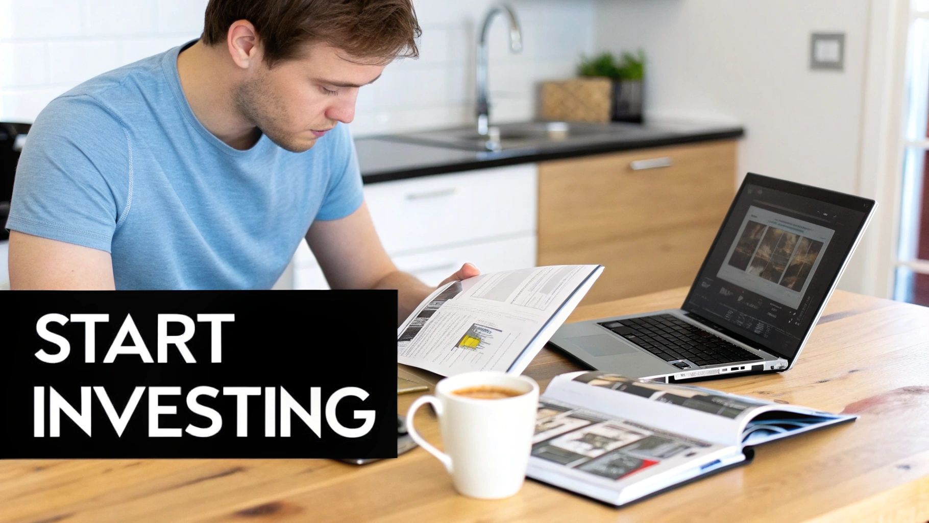 A man reads investment materials at a kitchen table with a laptop, featuring 'START INVESTING' text.