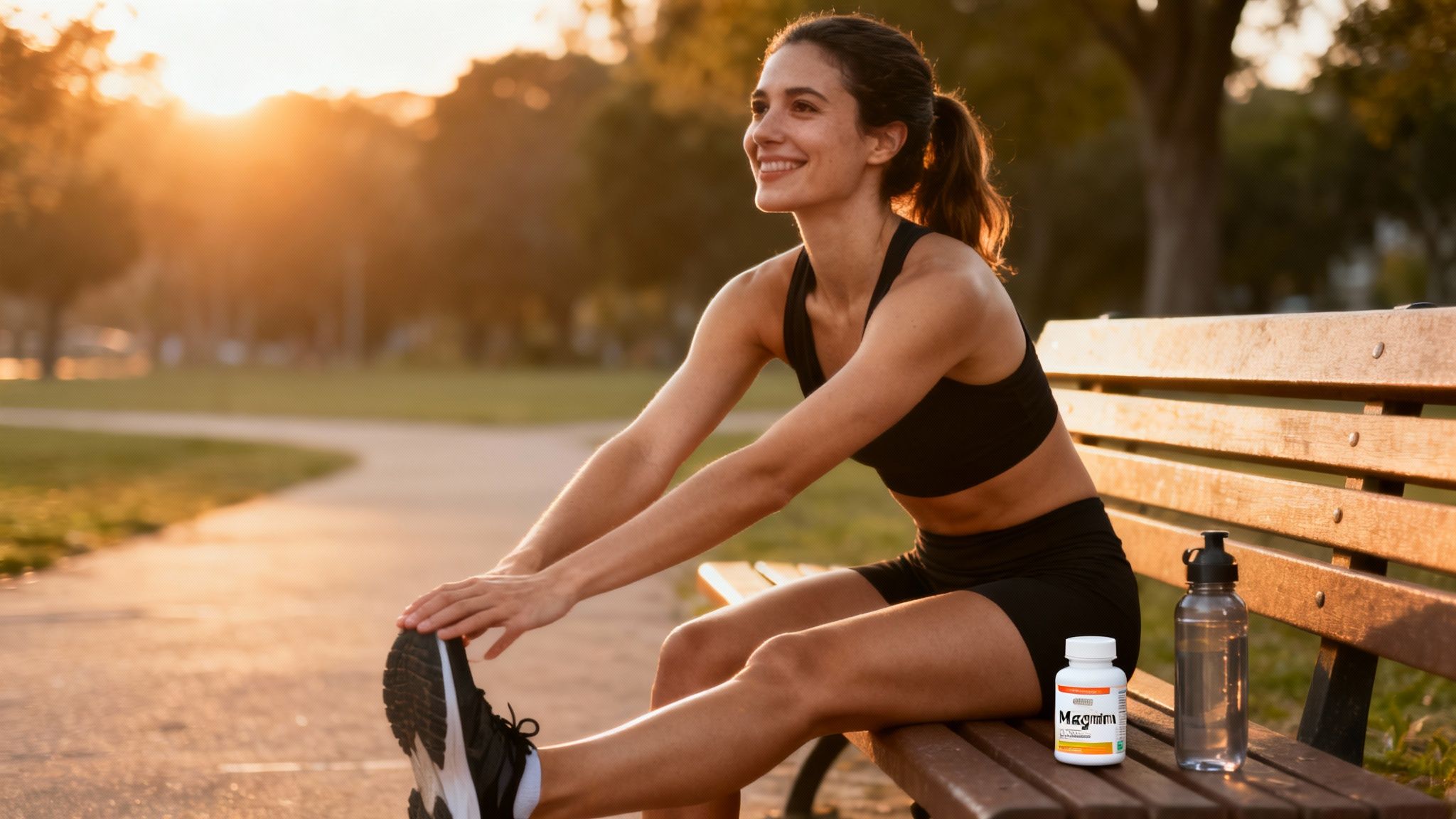 Smiling woman stretching on a park bench at sunset, with a supplement bottle and water bottle.