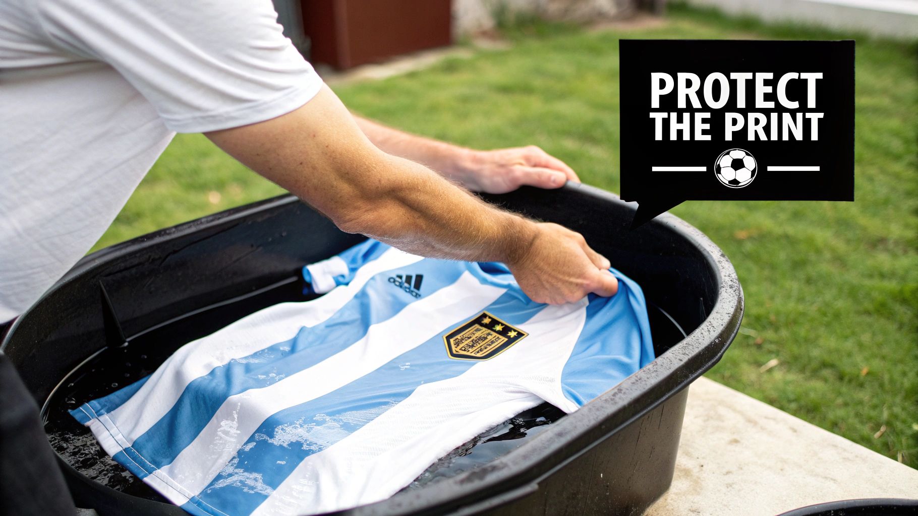 A person carefully folding a freshly washed football shirt with a printed name on the back.