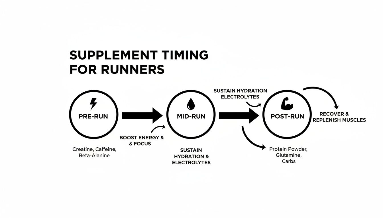 Diagram showing supplement timing for runners: pre-run for energy, mid-run for hydration, post-run for recovery.