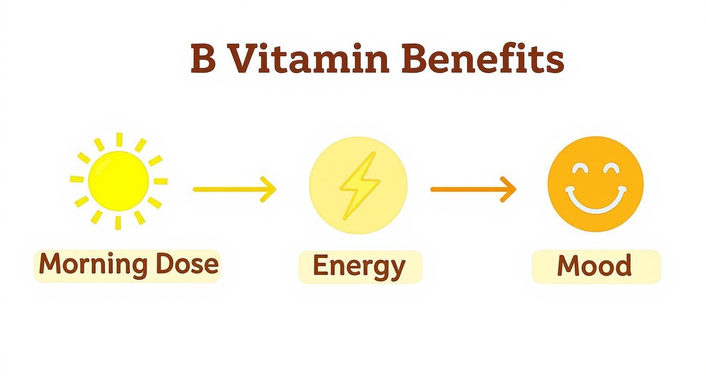 Infographic illustrating B vitamin benefits: morning dose leads to increased energy and improved mood.