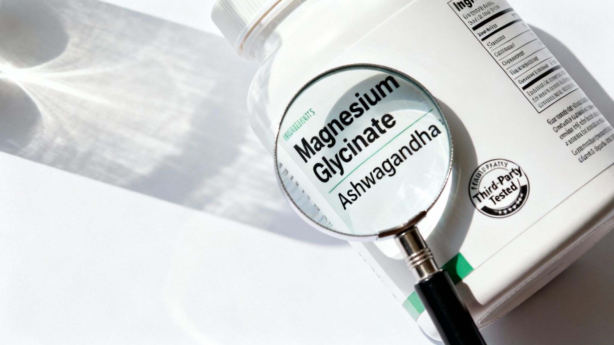 Magnifying glass highlights Magnesium Glycinate and Ashwagandha ingredients on a third-party tested supplement bottle.