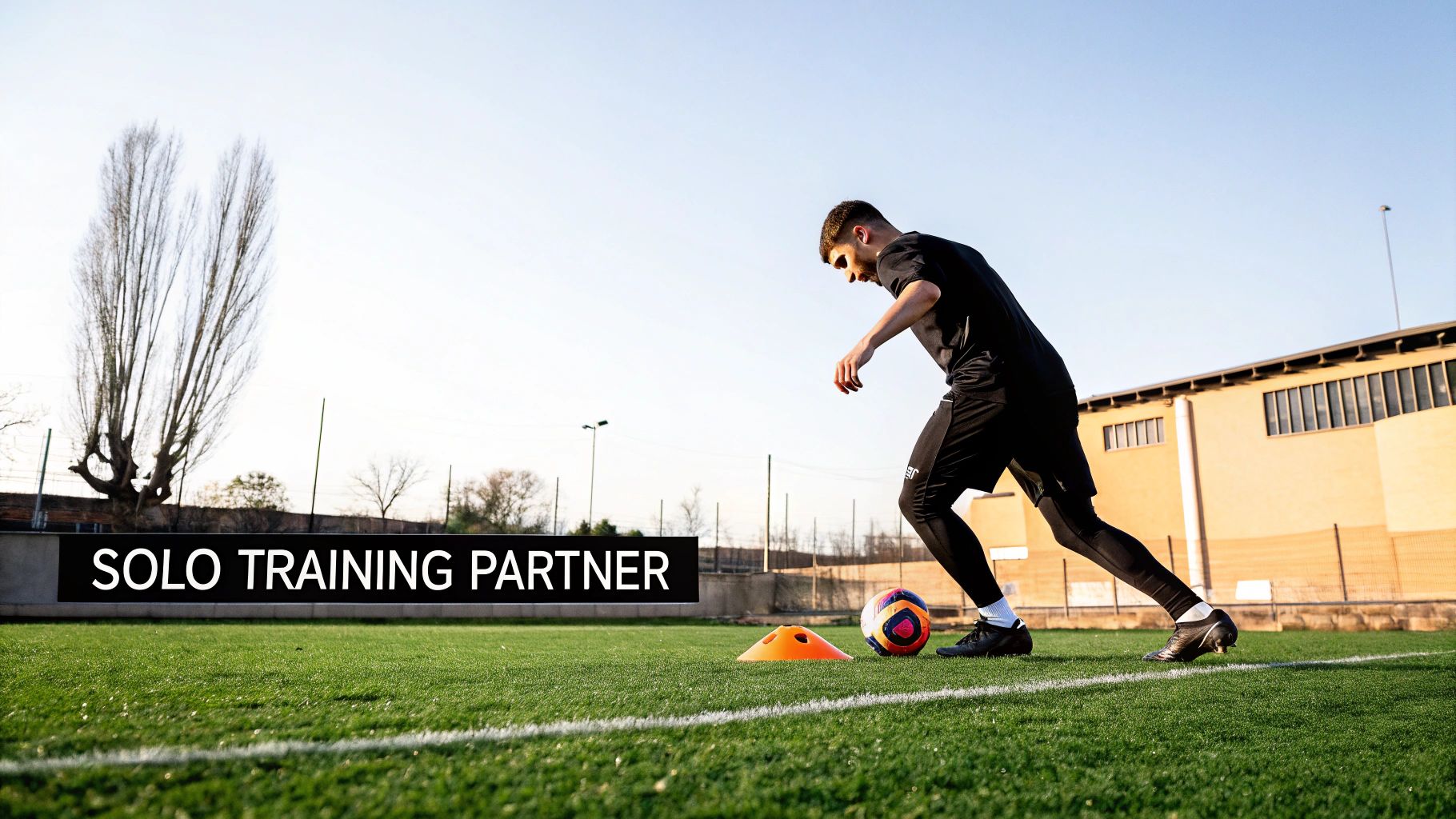 A football player in black gear training with a ball and cones on a green field.