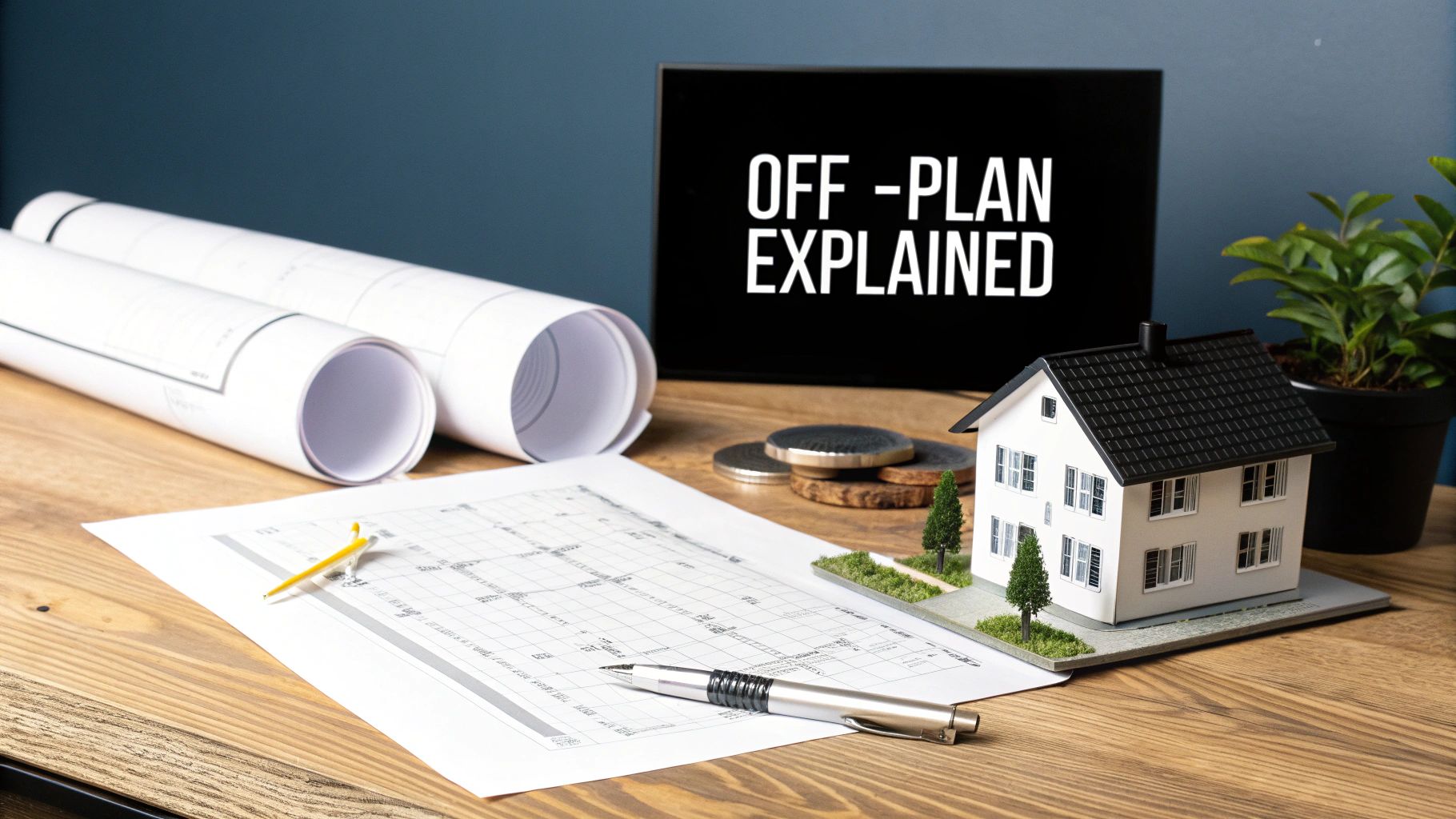 A desk with a monitor displaying 'Off-Plan Explained', blueprints, a house model, and investment documents.