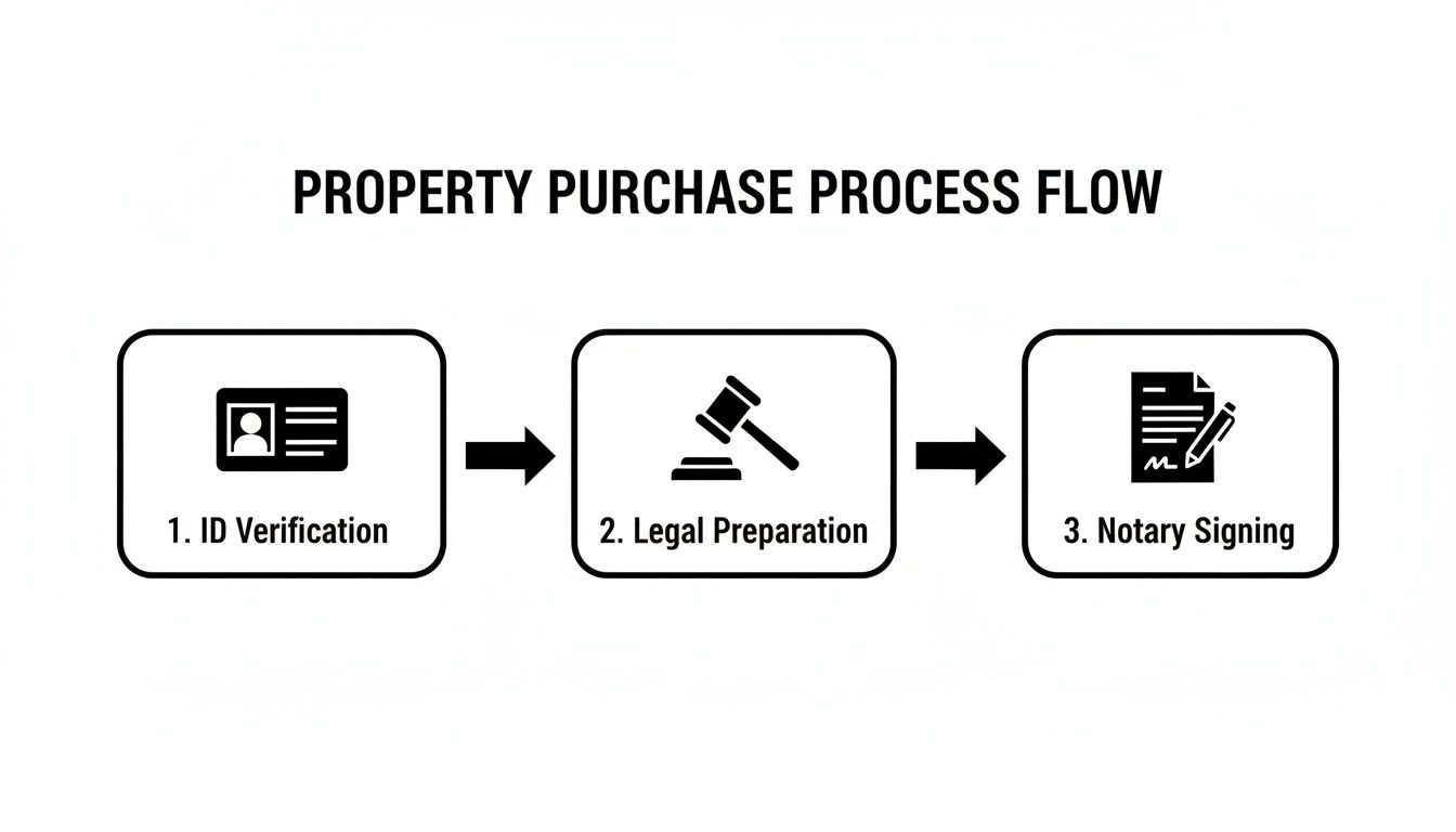 A three-step property purchase process flow diagram showing ID verification, legal preparation, and notary signing.