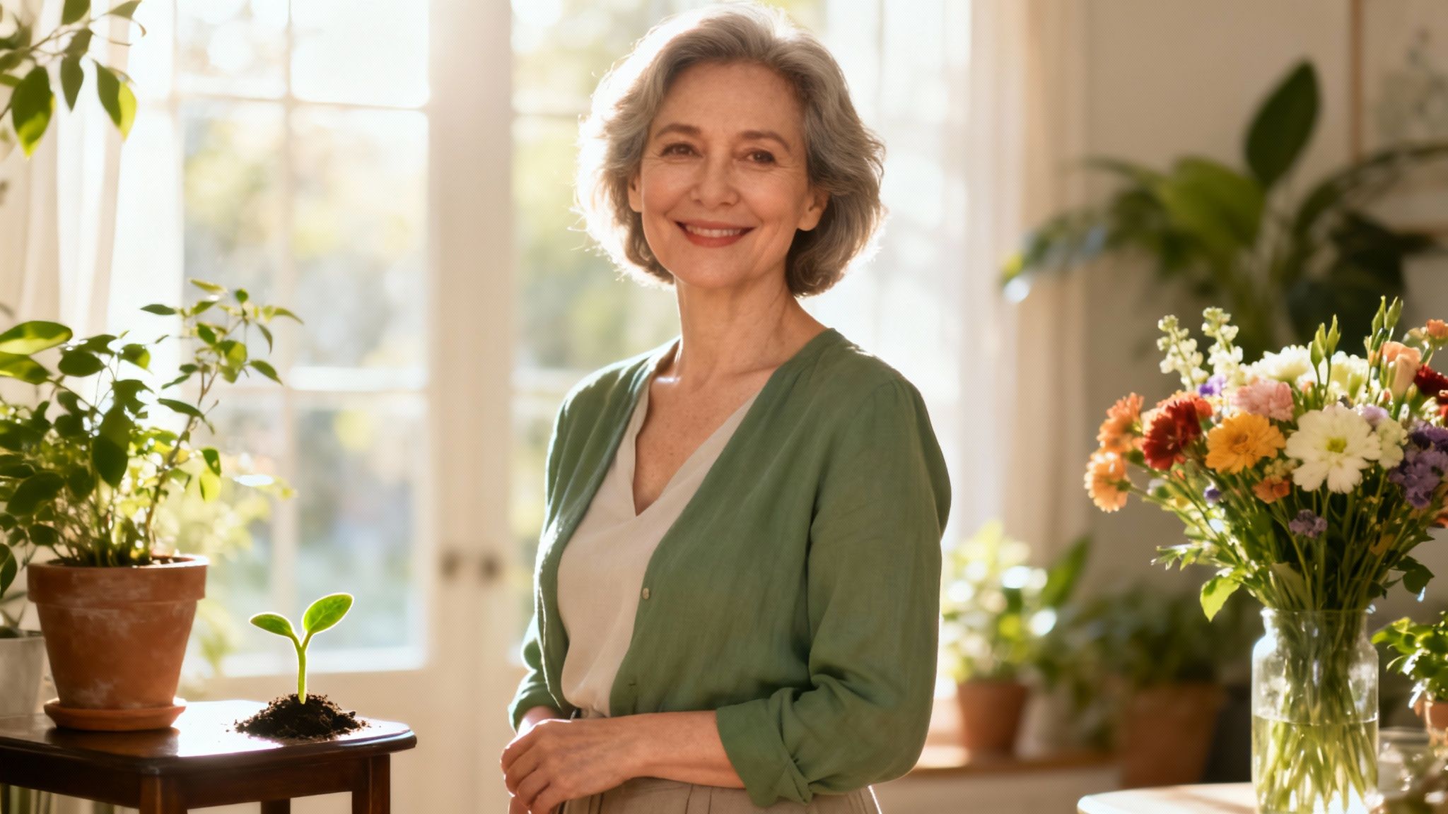 A woman smiling and holding a mug, looking vibrant and healthy in a well-lit room.