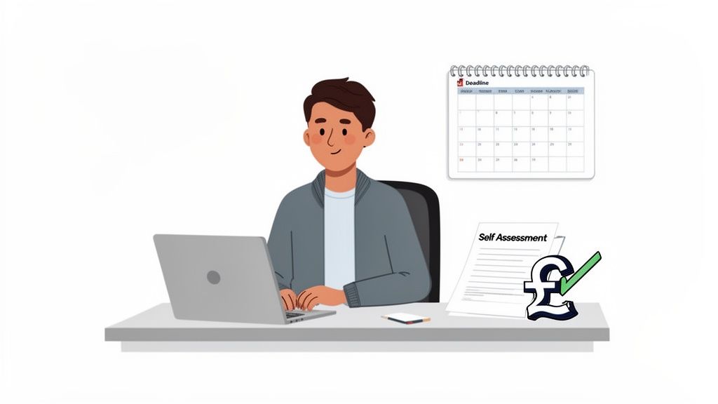 Animated person on laptop with self-assessment forms, deadline calendar, and UK pound with checkmark.