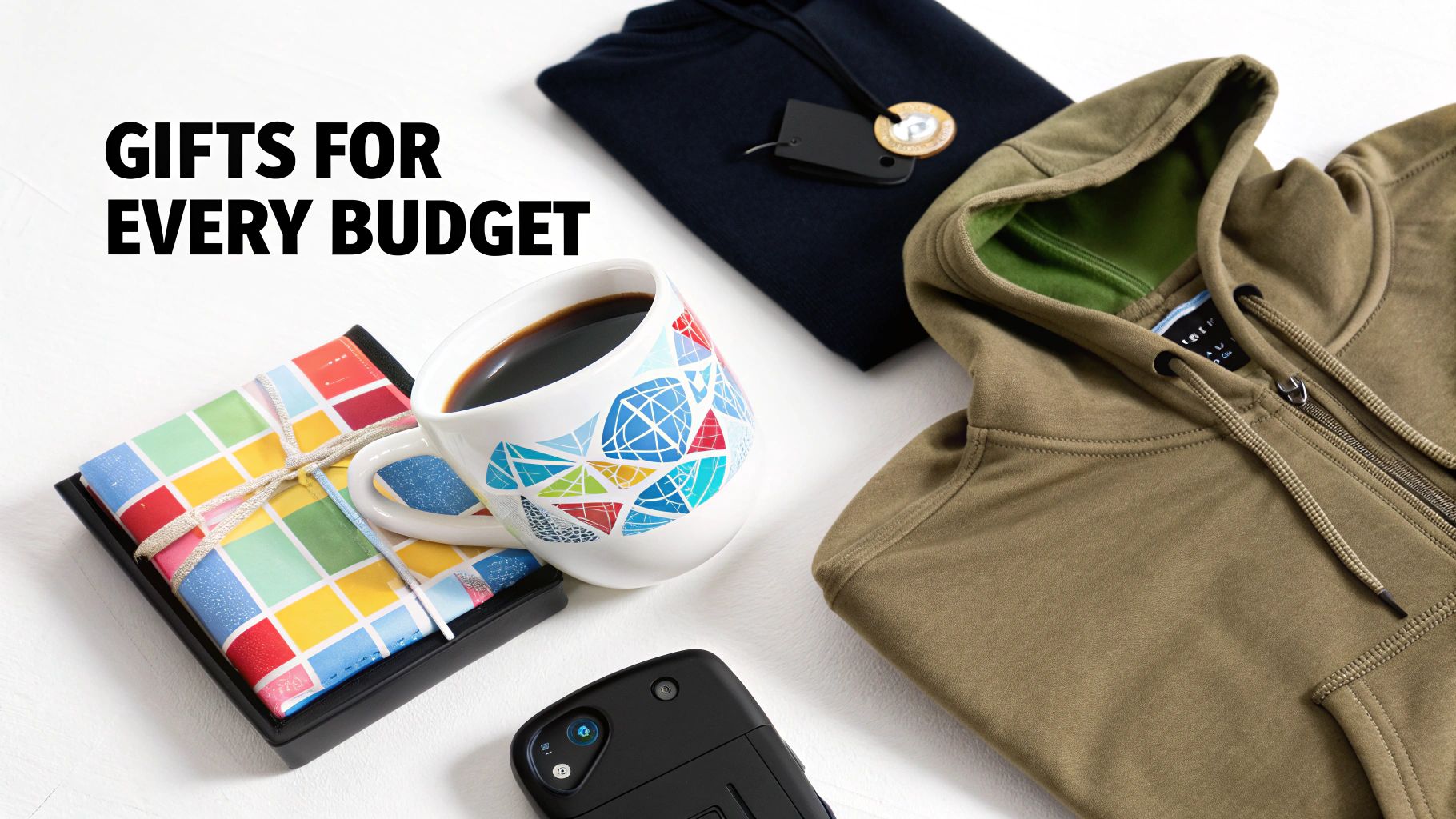A flat lay of diverse gift ideas: a hoodie, sweater, coffee mug, wrapped present, and smartphone.