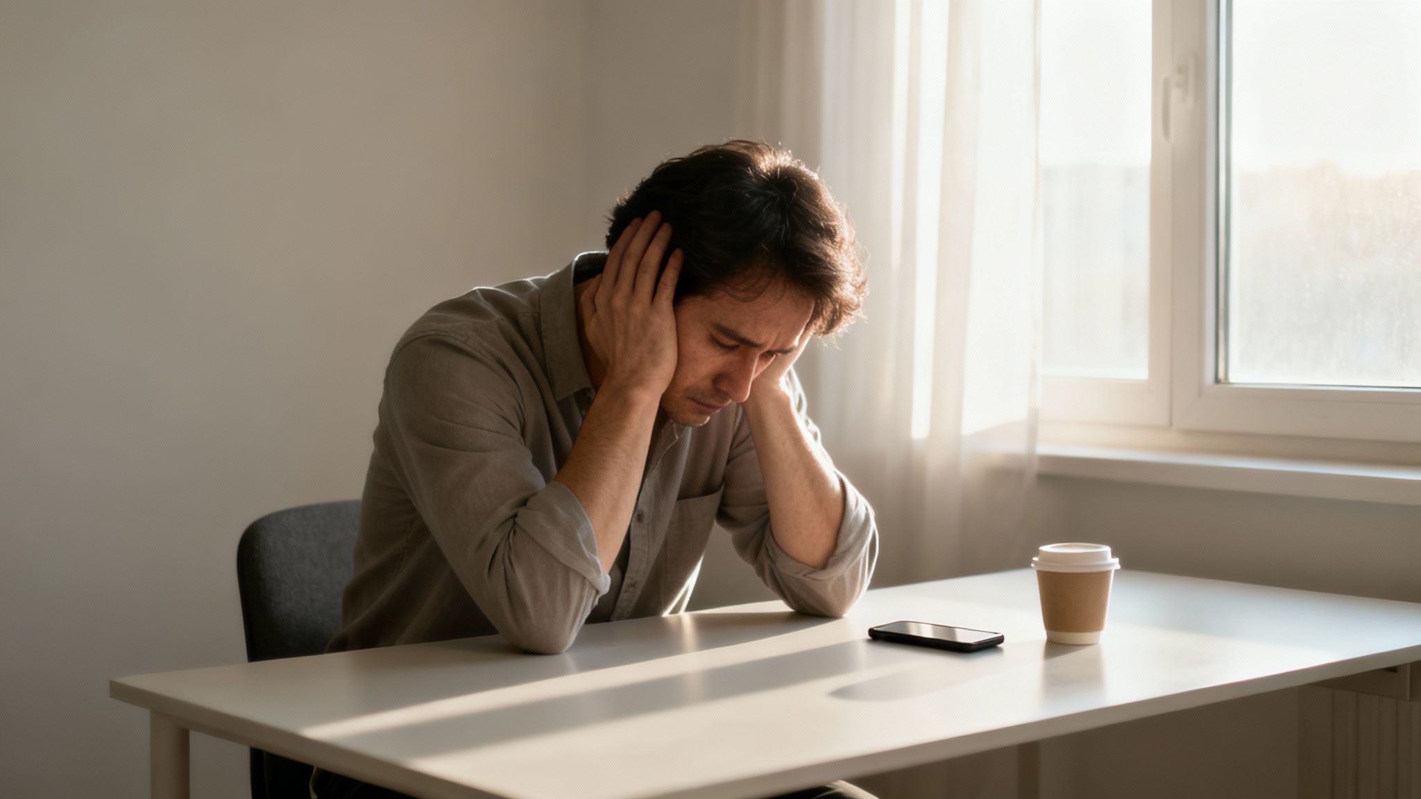 A man looking distressed with hands on his head, sitting at a desk with a phone and coffee.