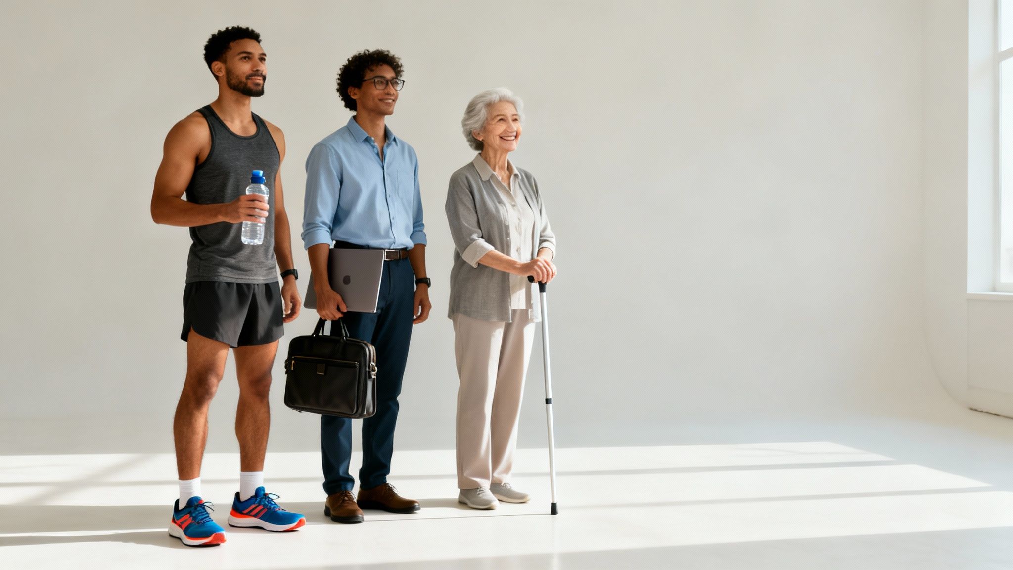A diverse group of three people: an athlete, a businessman, and an elderly woman, looking forward.