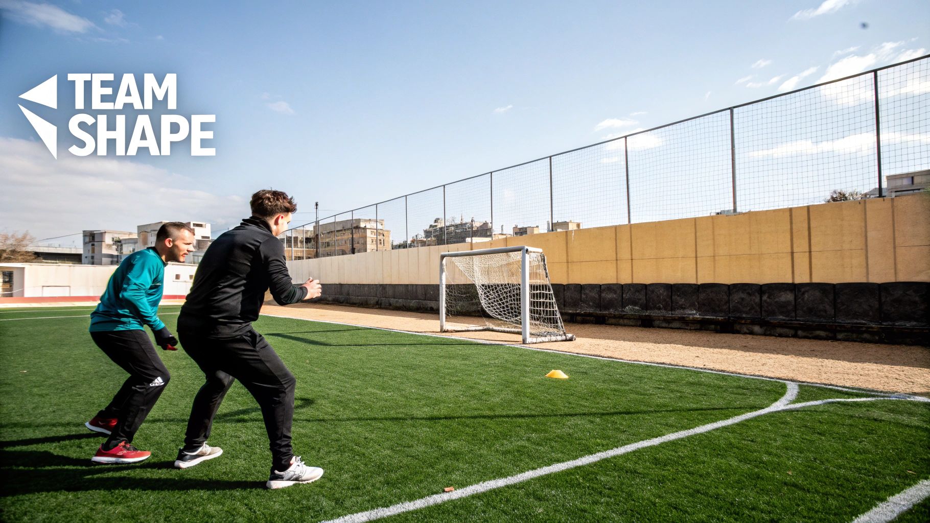 Two men in athletic gear on a green soccer field, practicing a defense drill with a goal and cone.
