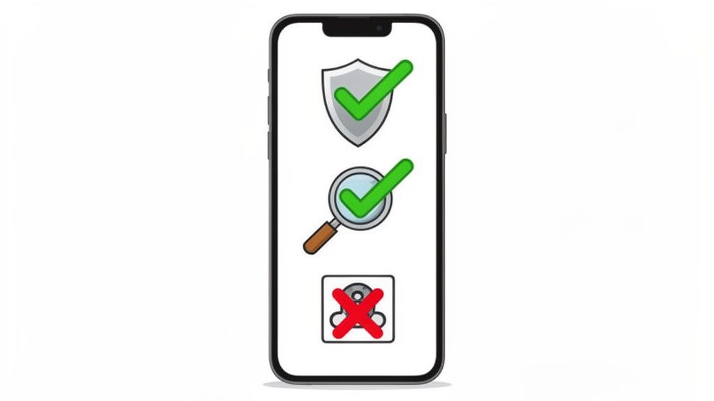 Smartphone displaying a security shield and magnifying glass with green checkmarks, and an age verification icon with a red cross.
