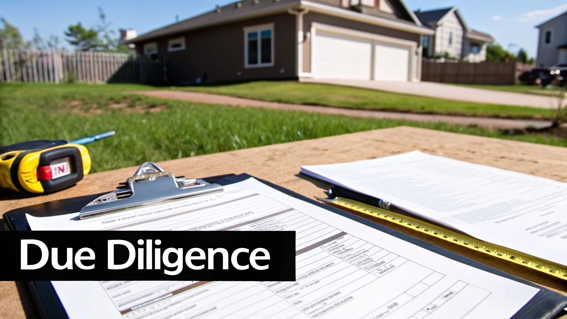 Clipboard with due diligence documents, a measuring tape, and papers on a table outside a residential property.